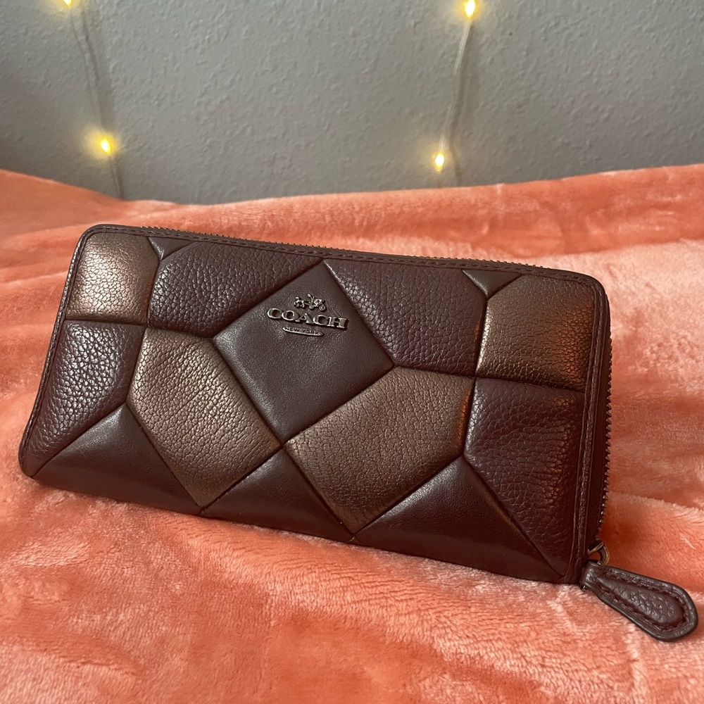 Coach Patchwork Accordion Zip Around Wallet Burgundy